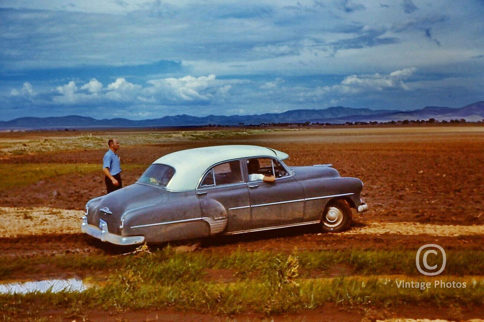 1950s Classic Blue Car White Top - Scenic View