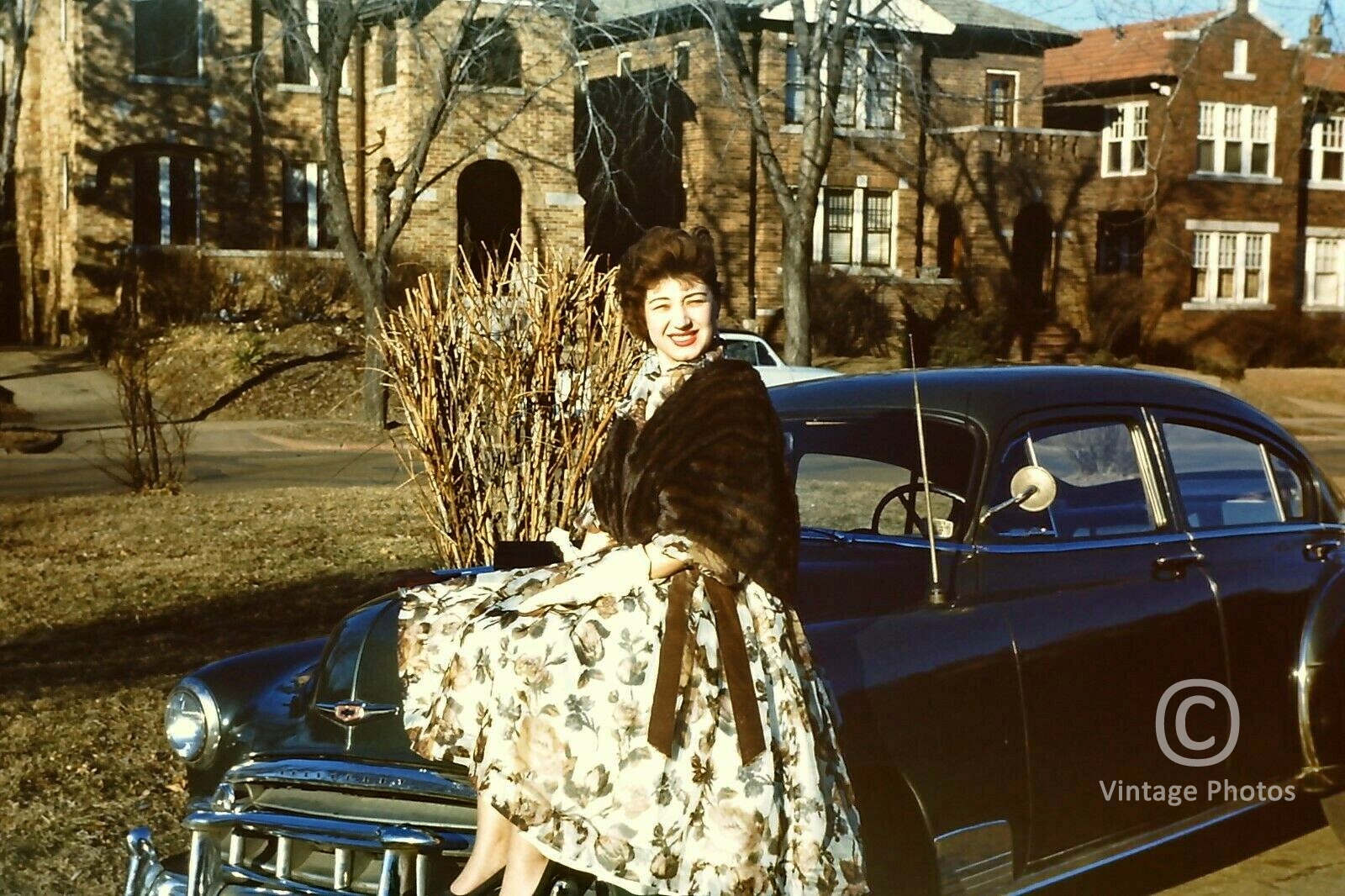 1950s American Fashion - Girl sitting on Automobile