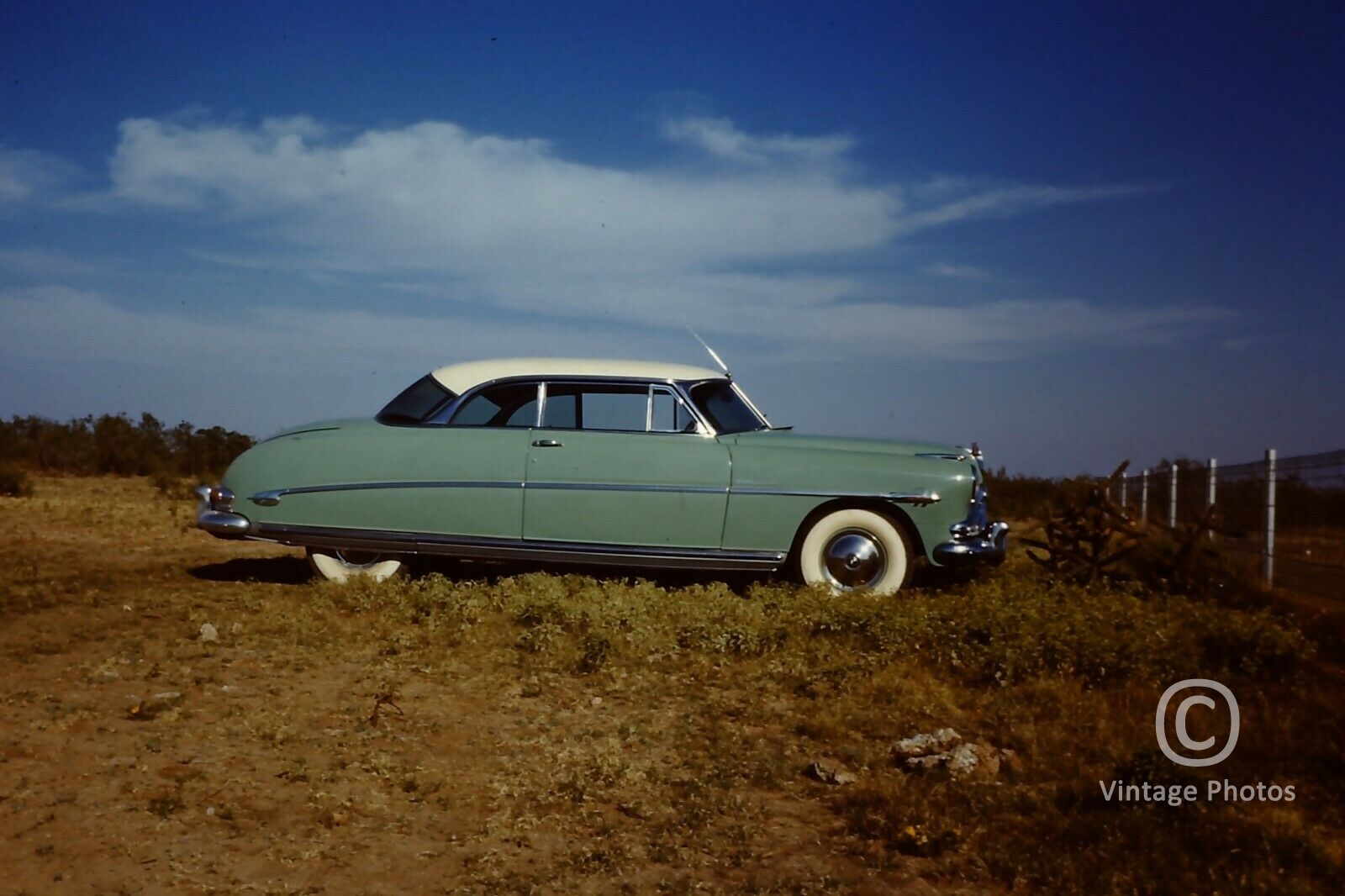 1960s American Classic Green Car with White Top