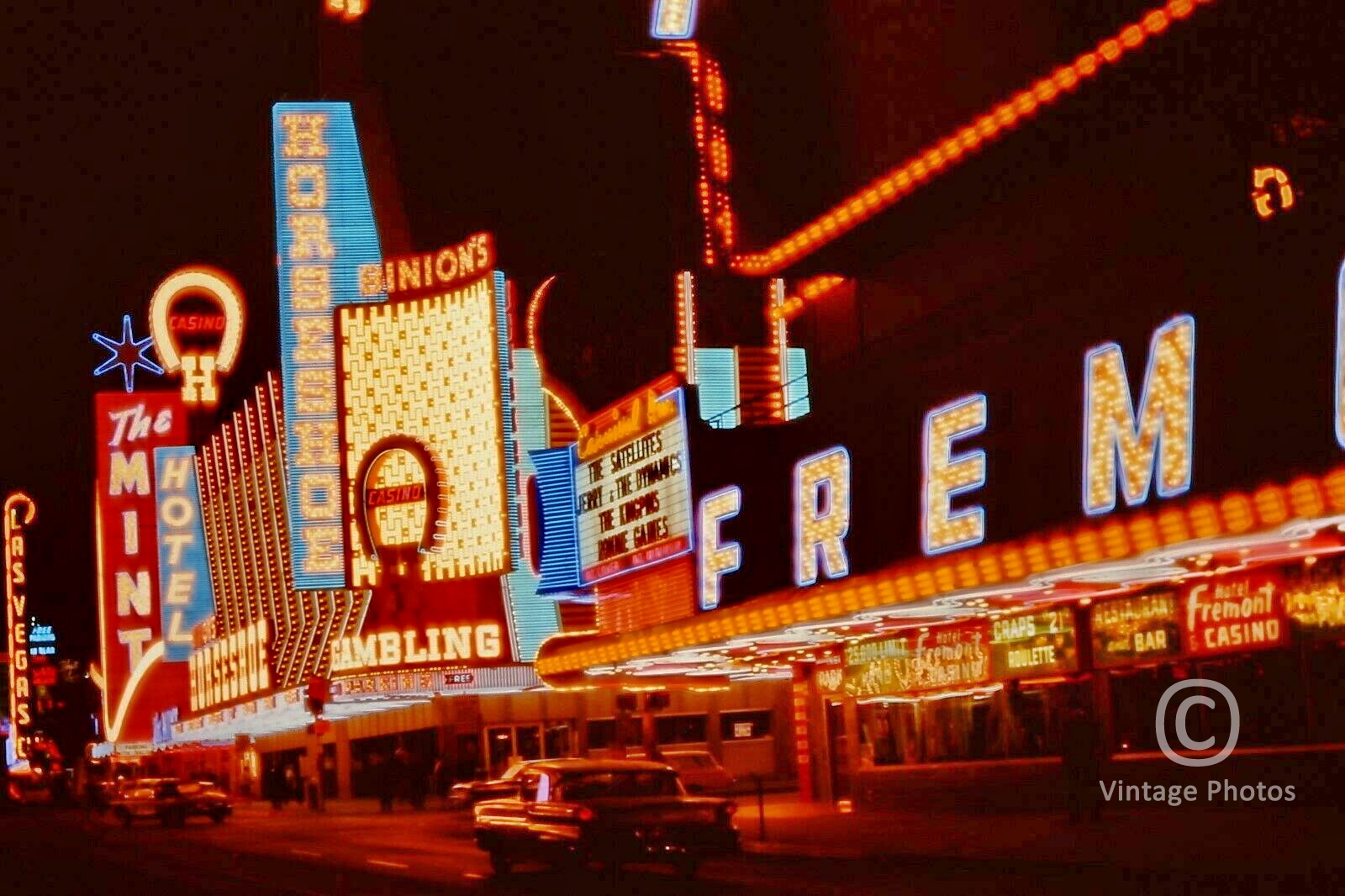 1960s Las Vegas strip at Night FREEMONT Casino