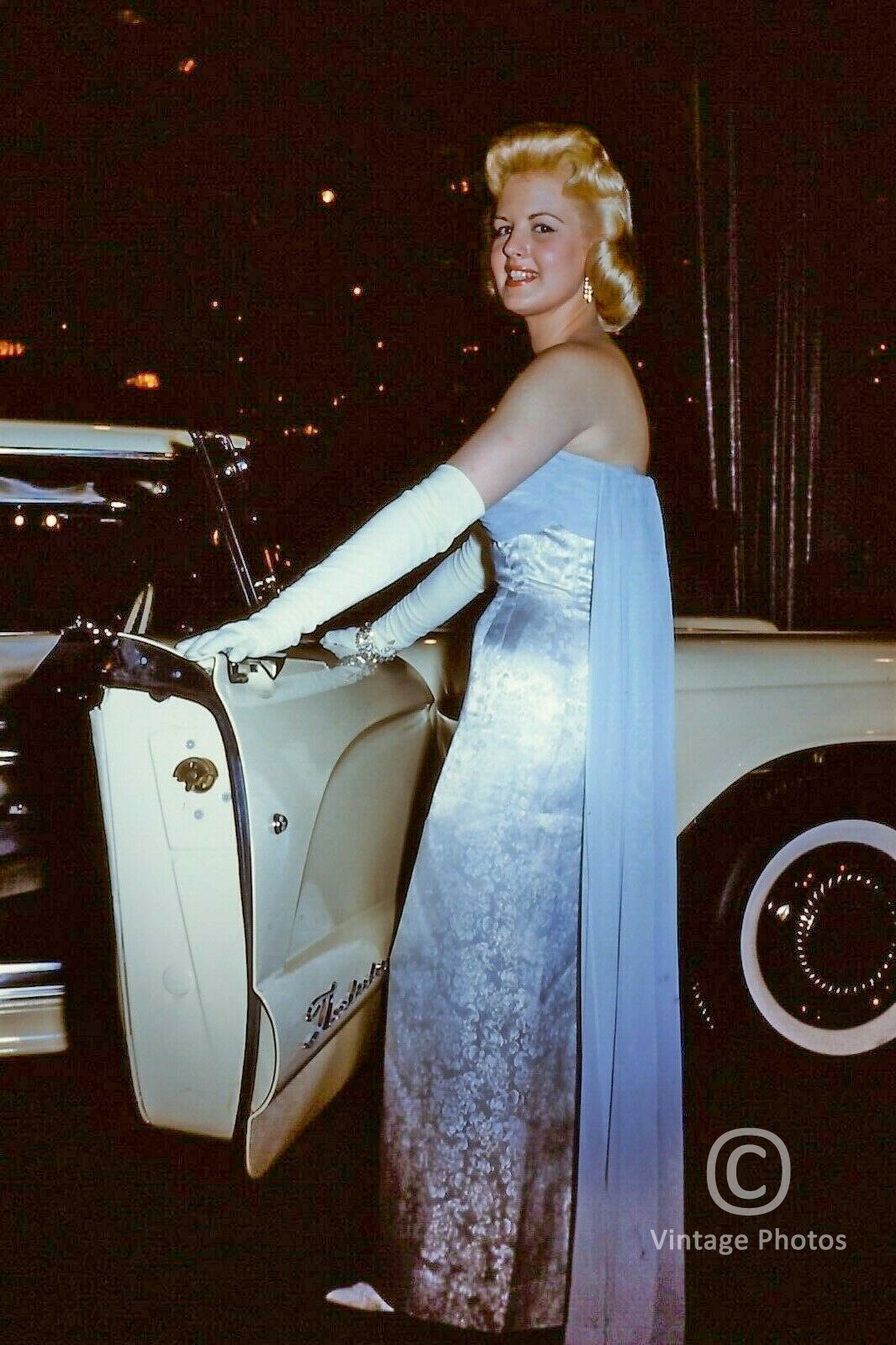 1960s American Fashion, Blonde Model in white Dress & White Convertible Thunderbird Car