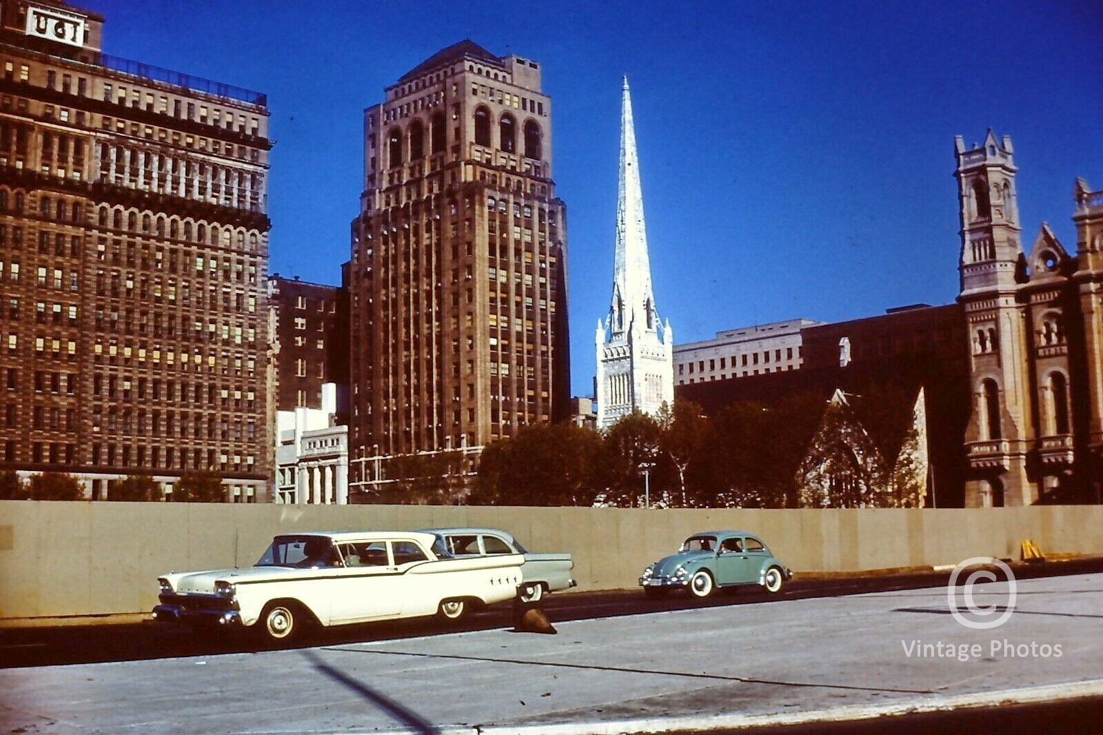 1960s Classic Cars on Street, Buildings
