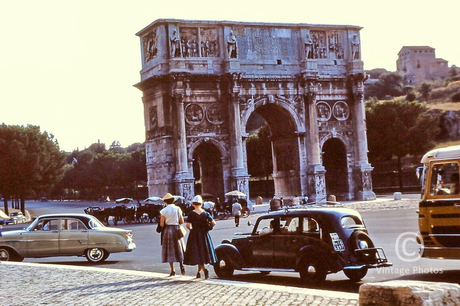 1960s Italian Street Scene Rome, Cars, People and Ancient Arch