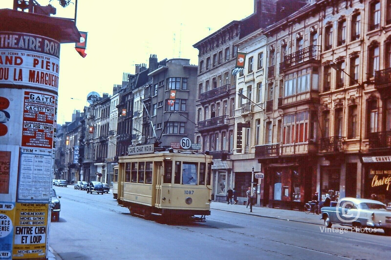 1962 Busy Belgium Street Scene, Buildings, Classic Cars & Tram
