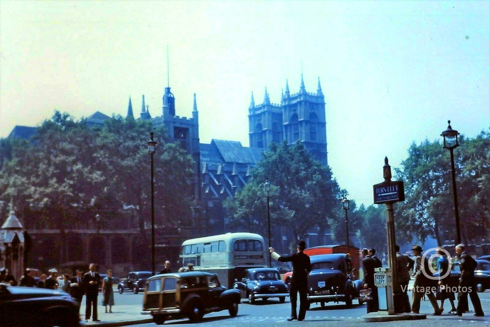 1950s Parliament Square - Policeman, cars, bus