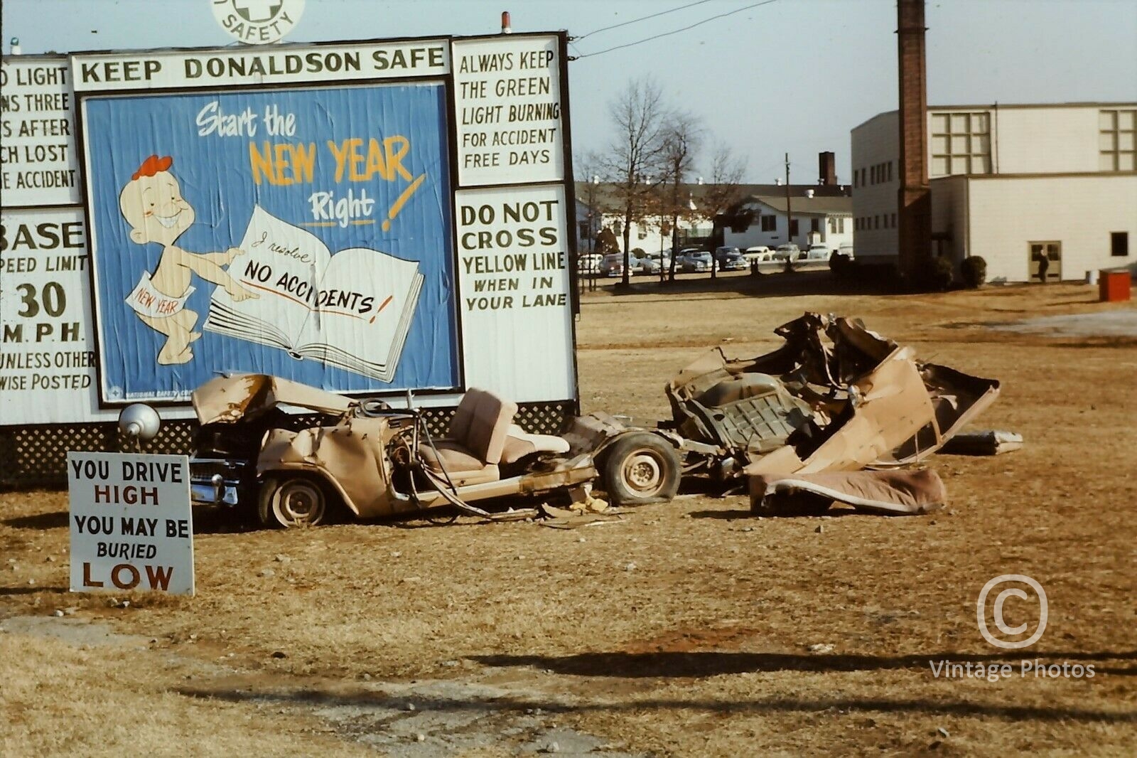 1950s Safety Billboard and Staged Car Crash warning drivers to slow down