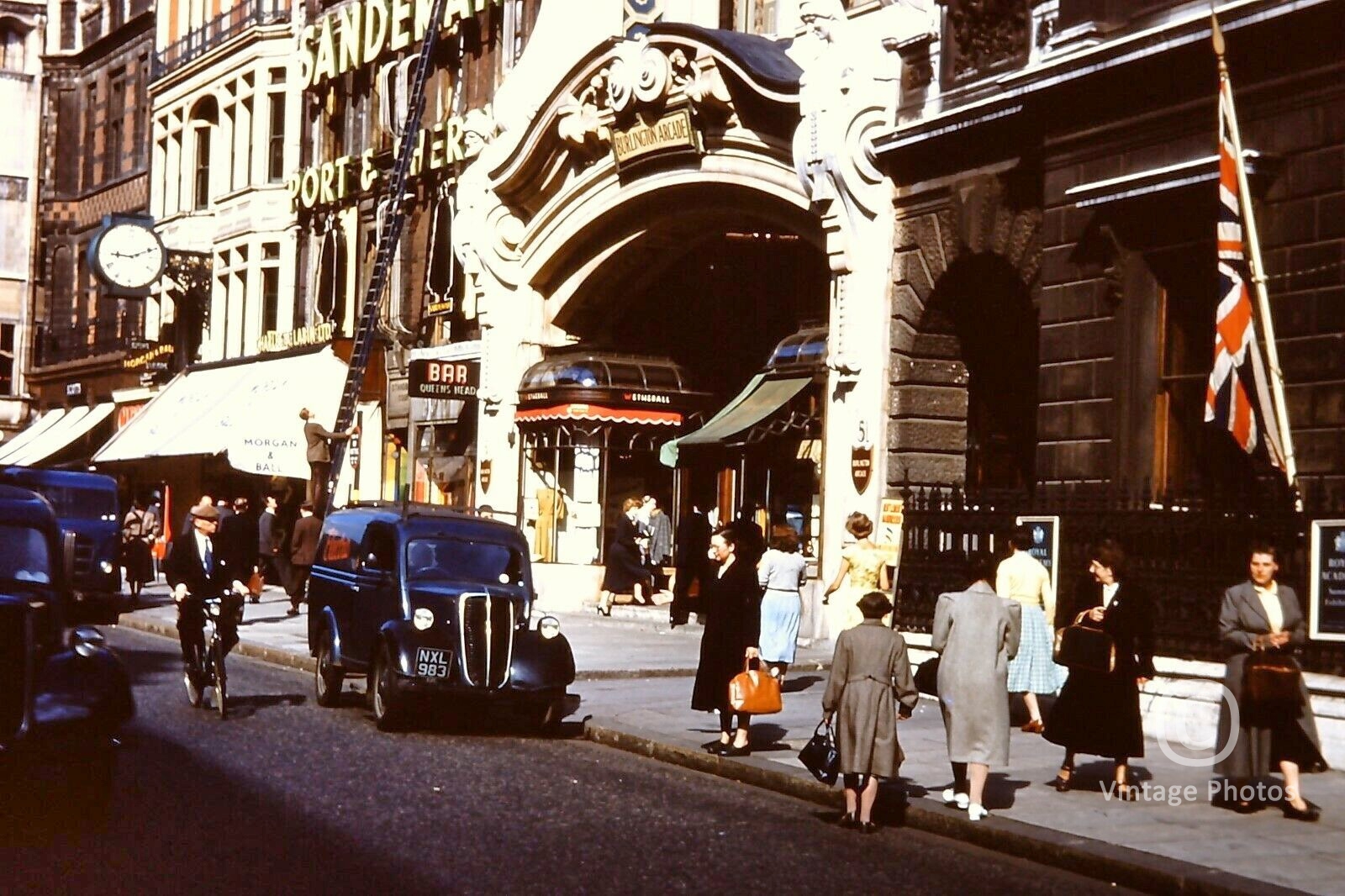 1955 Old London Street Scene, Burlington Arcade, Van, Stores, UK
